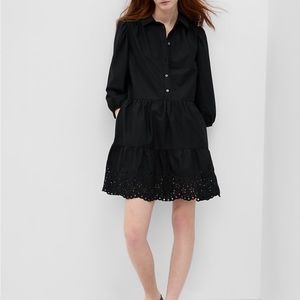 Gap Medium Petite Black Shirt Dress - puff sleeve, tiered, eyelet